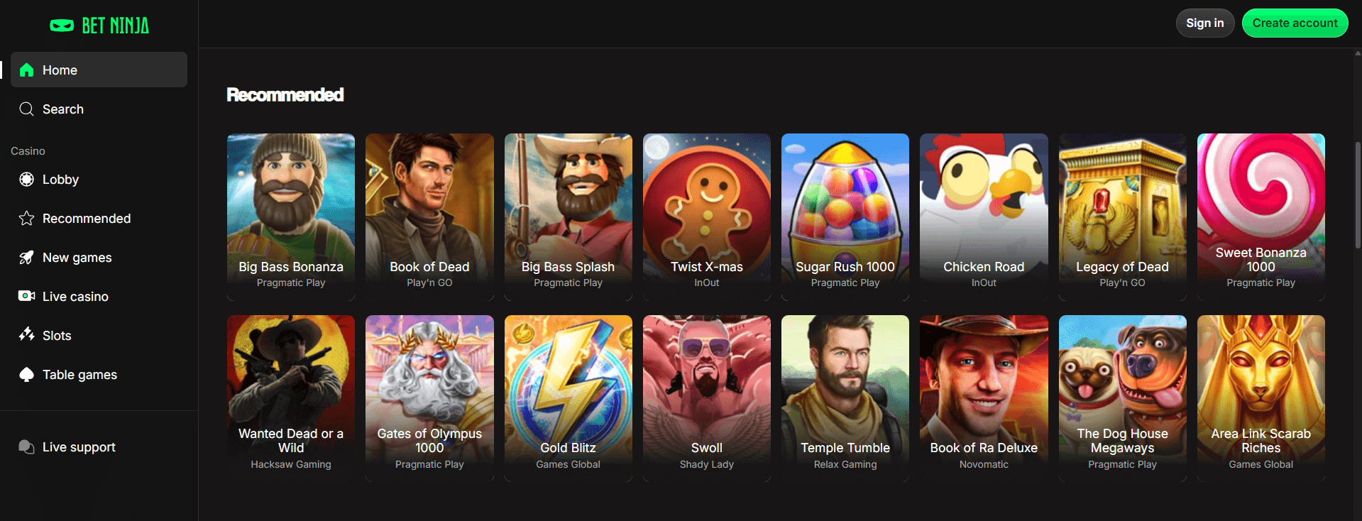 Betninja Casino homepage displaying recommended online pokies and site navigation