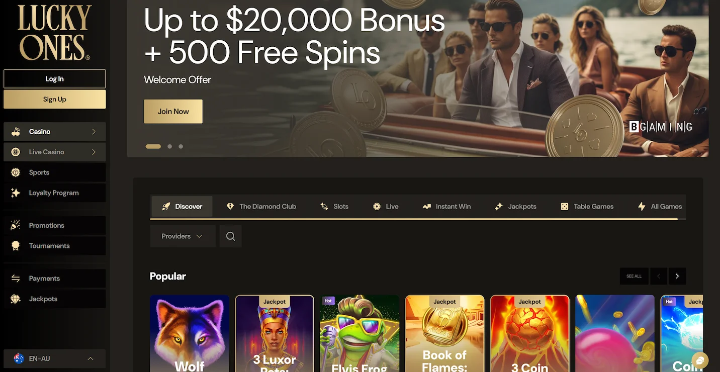 LuckyOnes casino homepage displaying welcome offer, selection of popular online pokies and site navigation
