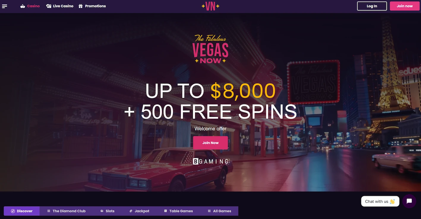 VegasNow casino homepage displaying welcome bounus offer and site navigation